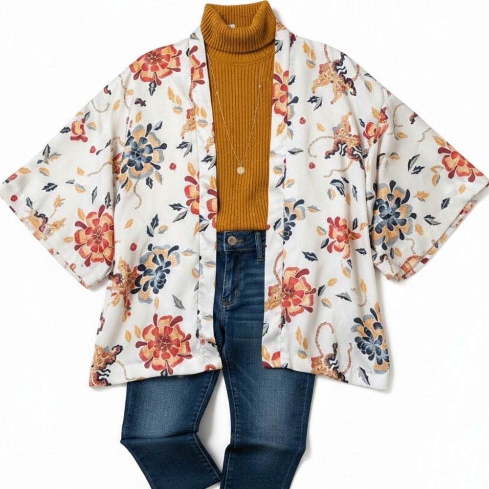 Floral Kimono Duster Jacket Bohemian Open Front Flowy Cover Up‎ Lined OS
